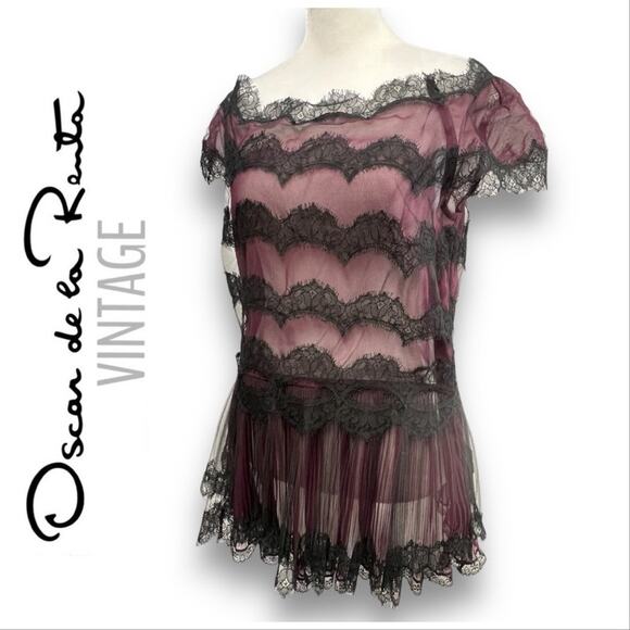 OSCAR de la RENTA✨🎄🥂Vintage Sheer black lace & pink almost off shoulder top SZ - Picture 14 of 16